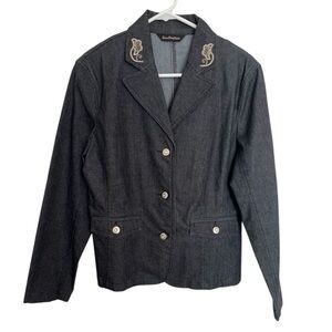 Simon Chang Embroidered Black Denim Blazer Jacket Size 8